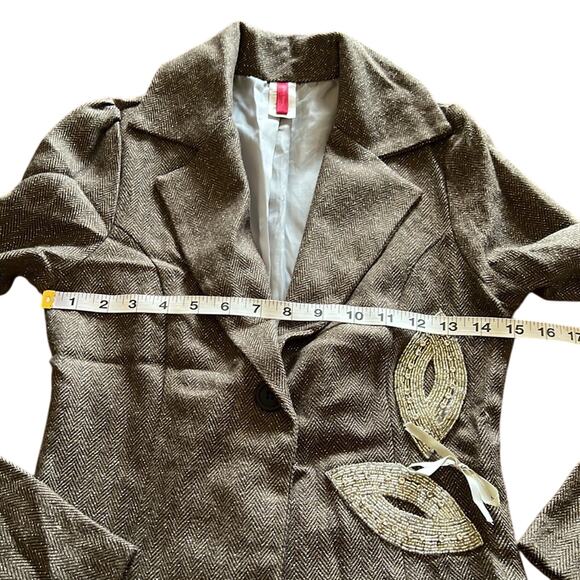 The Rag Story Brown & Metallic Silver Herringbone Tweed Blazer Beaded Appliqué - Picture 9 of 11